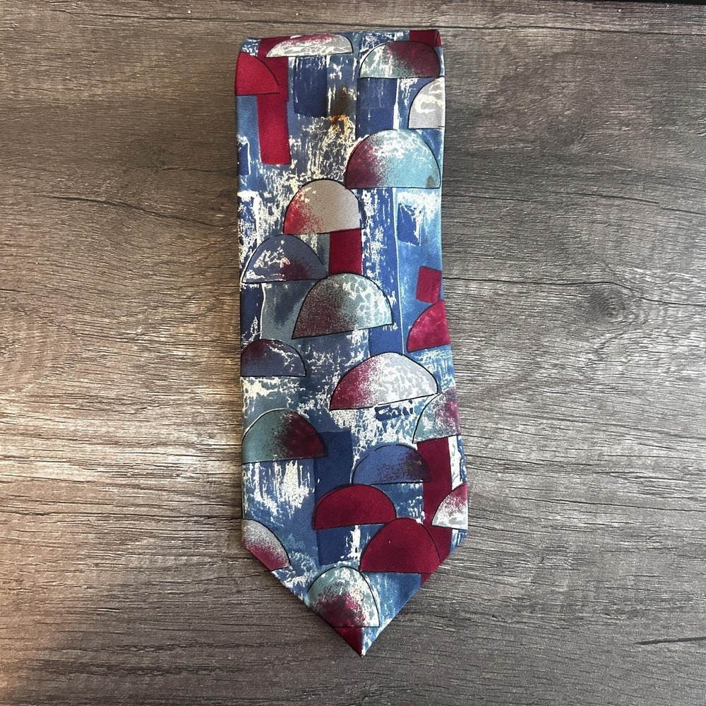 JT‎ Beckett Tie Silk Mens Classic Wide Navy Blue Red Geometric Modern Print USA